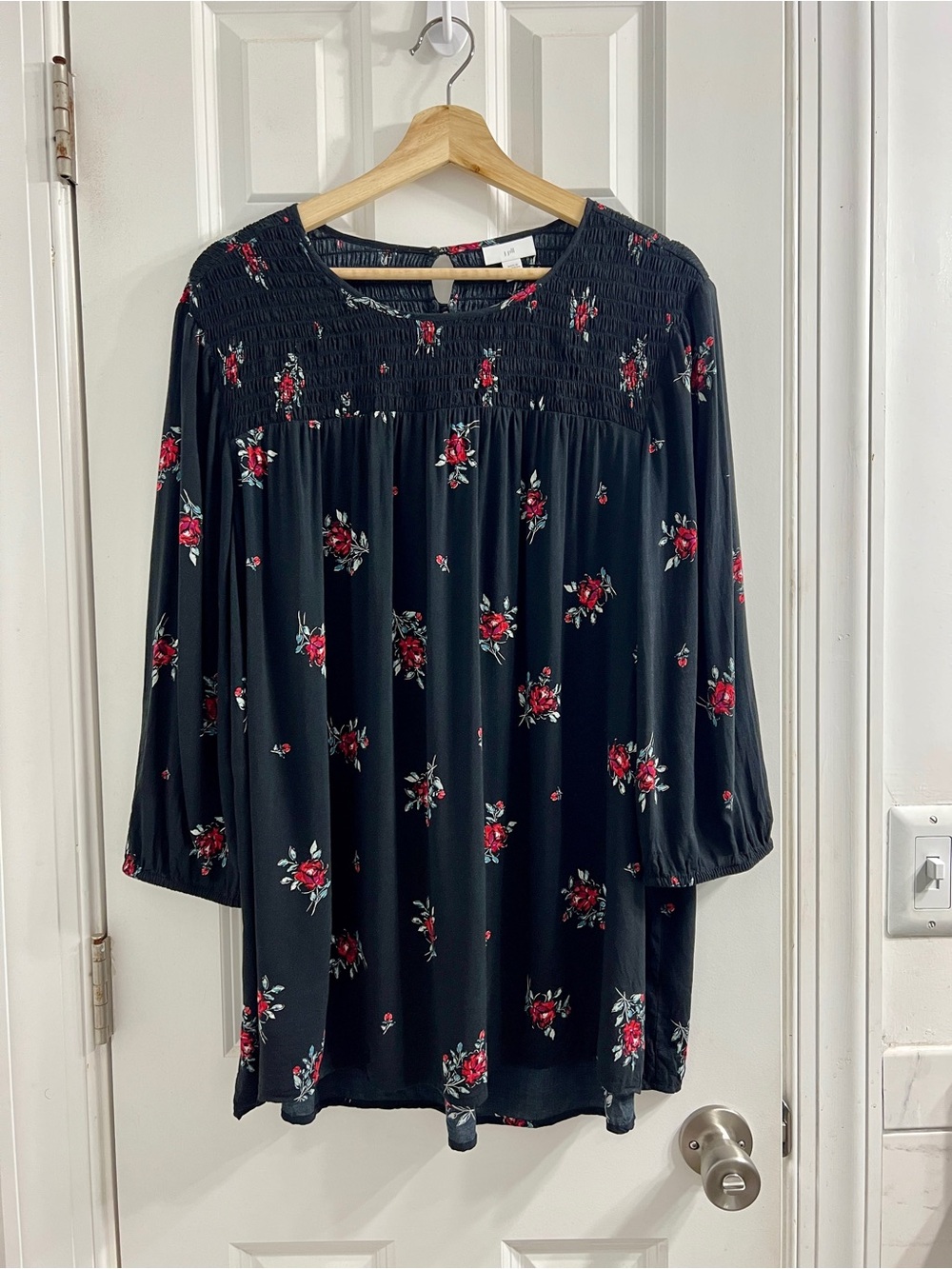 J. Jill Black Floral Smocked Yoke Top with Red Blooms -PXL - Picture 2 of 10
